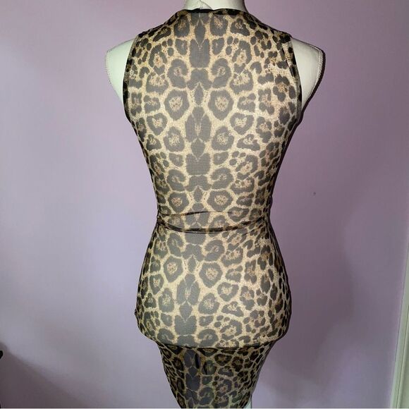 Cheetah Print Swim Cover Up Mesh Cutout Mini Dress Tie Front Small - Picture 3 of 5